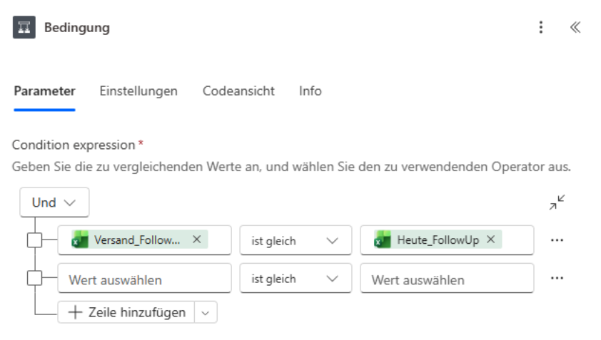 Screenshot: Bedingung für Versanddatum in Power Automate festlegen
