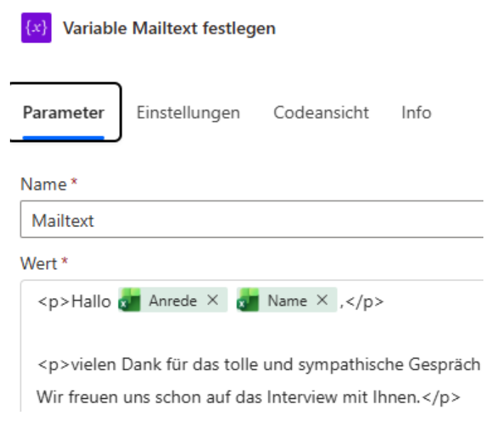 Screenshot: Variable Mailtext in Power Automate festlegen